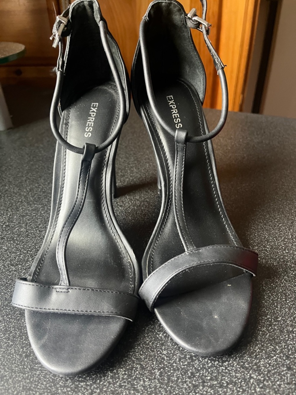 Express Black T-Strap Stiletto Sandals with Ankle Buckle